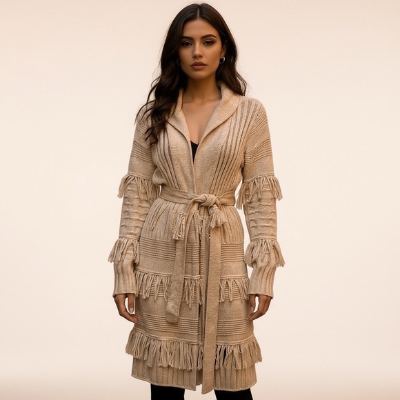 Chelsea & Violet Sweaters - CHELSEA & VIOLET Western Fringe Boho Dusty Rose Belted Long Cardigan Sz S